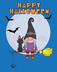 Halloween card. Gnome witch flying with a broom next to a black cat
