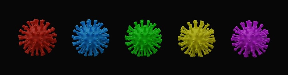 3d illustration, virus of various colors, black background 3d rendering.