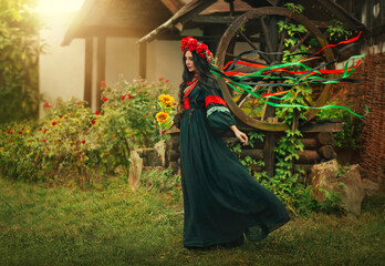 Fantasy portrait Ukrainian happy authentic woman walks in motion. Long brunette hair. Ribbon silk...