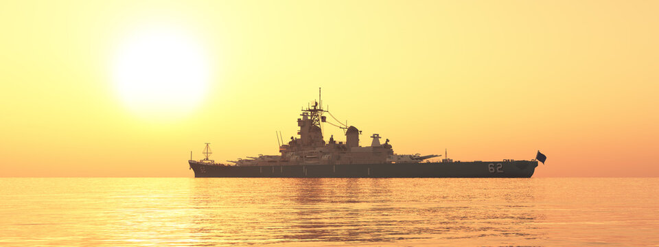 Amerikanisches Schlachtschiff aus dem zweiten Weltkrieg bei Sonnenuntergang
