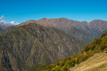 Early fall panorama of the Panoramica Zegna mountains. Is a touristic viewpoint, located in Piedmont Region (Northern Italy), Biella Province, overlooking the Po Valley.