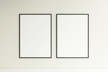Clean and minimalist front view vertical black photo or poster frame mockup hanging on the wall. 3d rendering.