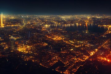 Fototapeta premium Wireless network and Connection technology concept with Bangkok city background at night in Thailand, panorama view. High quality illustration