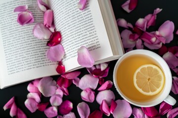 Top view of a book and a cup of lemon tea surrounded by pink flower petals