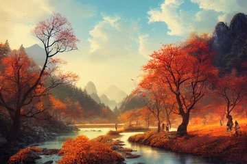 Foto op Canvas Chinees herfstlandschap met herfstbomen en majestueuze bergen. Idyllisch en verbazingwekkend natuurlandschap. Mooie seizoen herfst achtergrond. 3D illustratie... Hoge kwaliteit illustratie © 2rogan