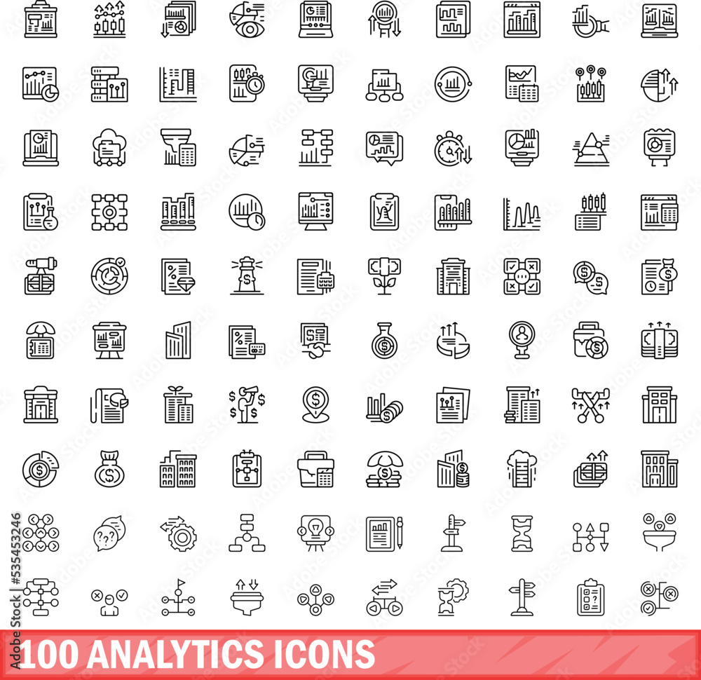 Aufkleber 100 analytics icons set. outline illustration of 100 analytics icons vector set isolated on white ba