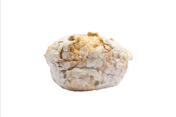 Moldy burger buns on blurry white background subject.