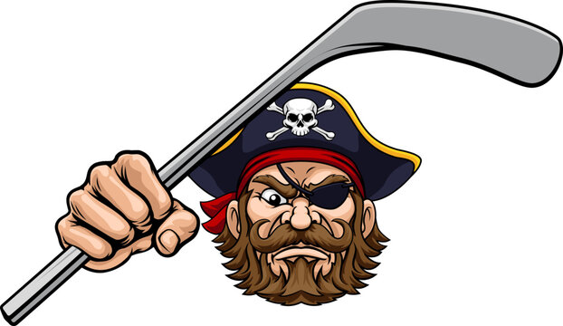 A pirate hockey sports mascot cartoon character holding a stick