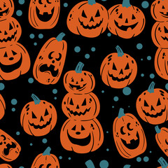 Bunch of Halloween pumpkins. Jack lantern. Decor for Halloween. Funny pumpkins. Background, poster, t-shirt design. Vector seamles pattern with risograph print effect