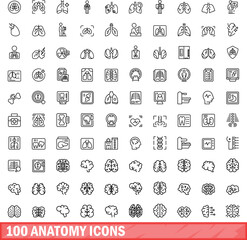 Fototapeta na wymiar 100 anatomy icons set. Outline illustration of 100 anatomy icons vector set isolated on white background