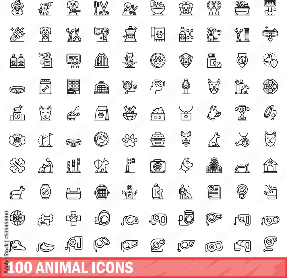 Wall mural 100 animal icons set. Outline illustration of 100 animal icons vector set isolated on white background - Wall murals