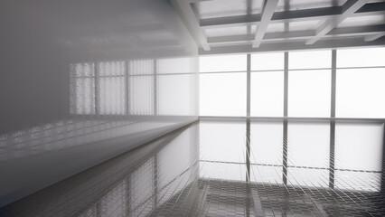 Abstract white and black interior multilevel public space with window. 3D illustration and rendering