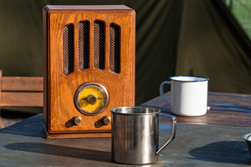 old radio on a second world war camp reenactmentbreakfast time