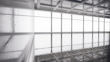 Abstract white and black interior multilevel public space with window. 3D illustration and rendering