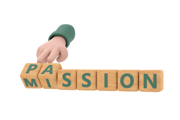 3d. Hand turns dice and changes the word "passion" to "mission".