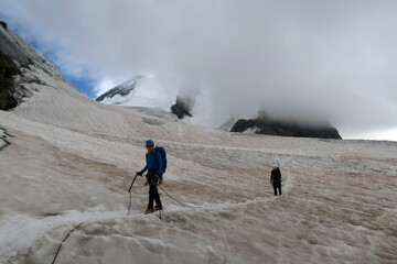 Obraz premium Multi day summer expedition through some glaciers in the alps. On the Monterosa massif starting from Zermatt and summiting multiple 4000m mountains