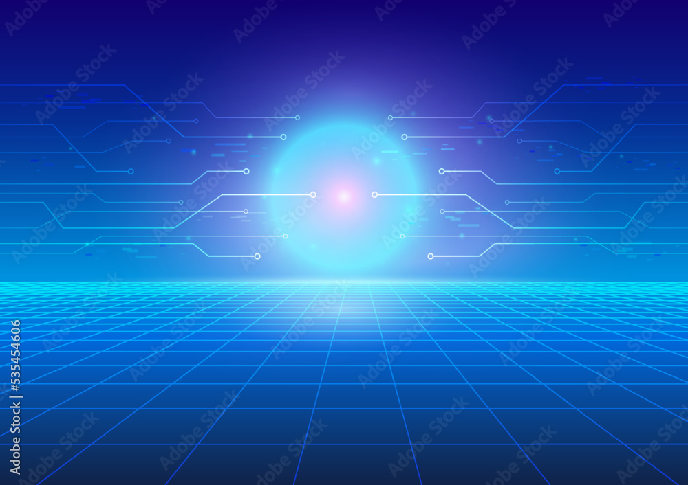 Poster futuristic digital circuit floating neon glow light sphere grid floor technology abstract background