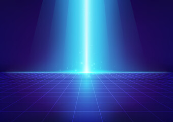 Metaverse, Cyberspace VR Portal Neon Glow Purple Grid Floor Backdrop Blue Light Ray Retro Futuristic Landscape Technology Abstract Background
