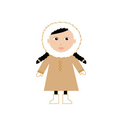 Little Cute Eskimo Girl in Brown Coat isolated on White