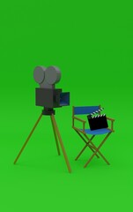 3d illustration, cinematographic equipment, chair, camera, clapperboard, green background, 3d rendering.
