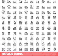 100 asia icons set. Outline illustration of 100 asia icons vector set isolated on white background
