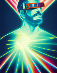 A man wearing VR technology glasses shiny background