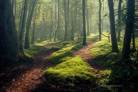 Beautiful woods photo taken in polish Bieszczady mountains during summer. Trail from Ustrzyki via Carynska Meadow to Brzegi, Bieszczadzki Park Narodowy. High quality illustration