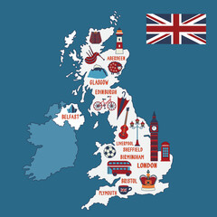 Vector illustrated map of Great Britain. Travel concept. Country landmarks, attractions and nation symbols on the map.