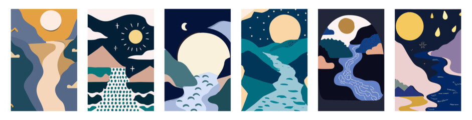 Illustration in Scandinavian style. beautiful background. Flat abstract design. Mountain view, river view. Mountains, clouds, sun, moon. Vector illustrations.
