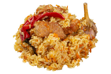 Uzbek pilaf with meat and garlic, a portion of pilaf on a white background, isolate