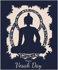 The Buddha sits in a lotus position on the background of a lace frame. Vector stock illustration. White background. Cut out paper. Vesak holiday. Happy day. Buddhism.