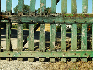 Old green wooden fence on sunny day