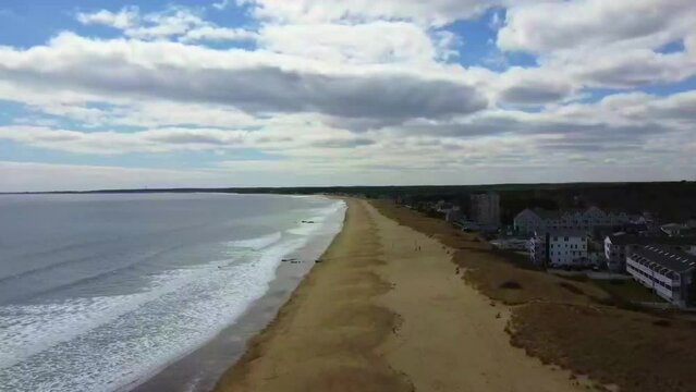 A push in shot of hotels and the Atlantic Ocean in  Sothern Maine