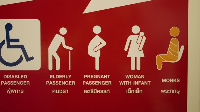 Priority Seats For Disabled, Elderly, Pregnant, Woman With Infant, And Monk Passengers In Public Transport Vehicles In Bangkok, Thailand. - close up