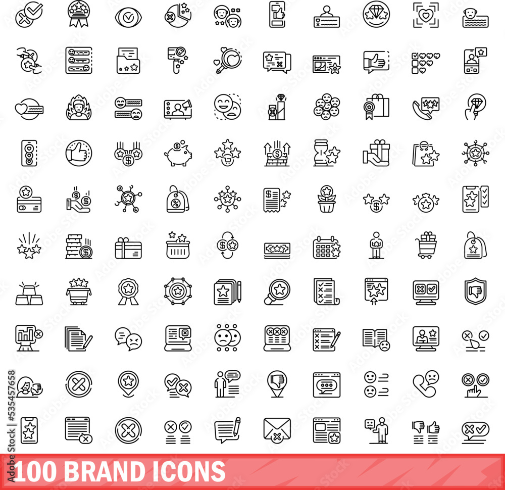 Poster 100 brand icons set. Outline illustration of 100 brand icons vector set isolated on white background - Posters