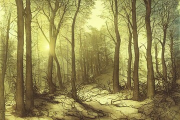 Sunny forest background. illustration of woods in forest in sunlight background.. High quality illustration