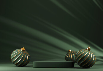 3D Christmas dark green background with green Christmas ornaments