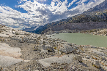 View of the glacial lake of the Rhone Glacier in Switzerland