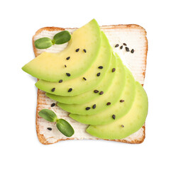 Delicious toast with cream cheese, avocado and black sesame seeds isolated on white, top view