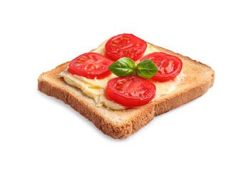 Delicious toast with butter, tomatoes and basil isolated on white