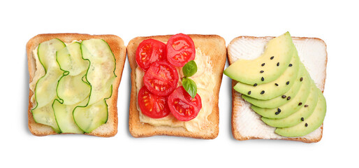 Different delicious toasts isolated on white, top view