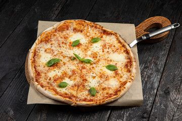 delicious pizza with cheese, greens, sauce in a restaurant
