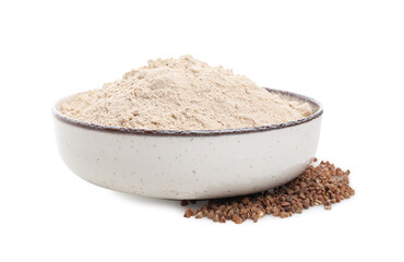 Bowl with buckwheat flour and grains on white background