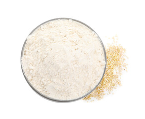 Bowl with quinoa flour and grains on white background, top view