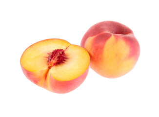 Fototapeta na wymiar Whole and cut ripe peaches isolated on white