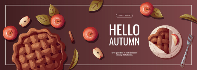 Autumn promo sale flyer with Apple Pie and apples. Autumn, cooking, baking, thanksgiving day concept. Vector illustration. Banner, flyer, advertising, menu, special offer.