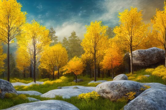 Group of trees among the rocks. Cutout yellow trees in autumn isolated on white background. Forest scape for landscaping or architectural visualisation. Photorealistic 3D rendering.. High quality