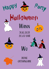 Lustiges Halloween Poster mit Geistern, Hexen und Kürbissen. Vektor