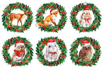 Watercolor Christmas wreath and animal isolated on white background. Holiday greeting card