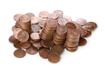 Many different American coins on white background